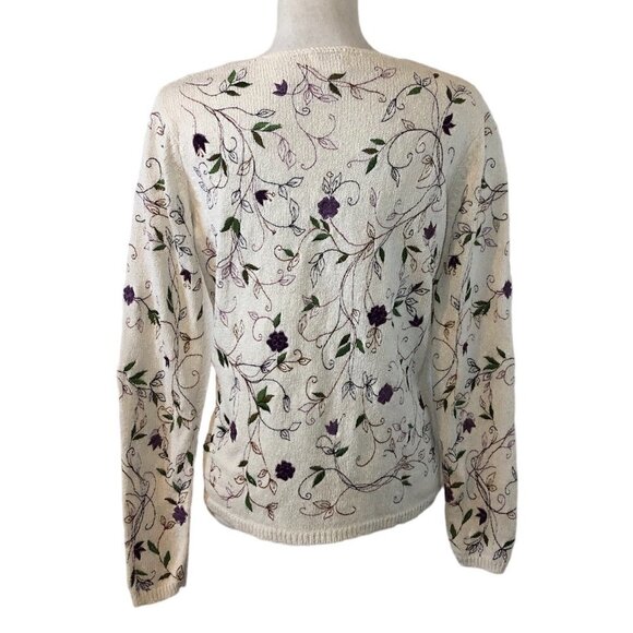 VTG KNITTING NEEDLES Silk Cardigan Women’s Size Small Cream Floral Embroidery - Picture 2 of 7